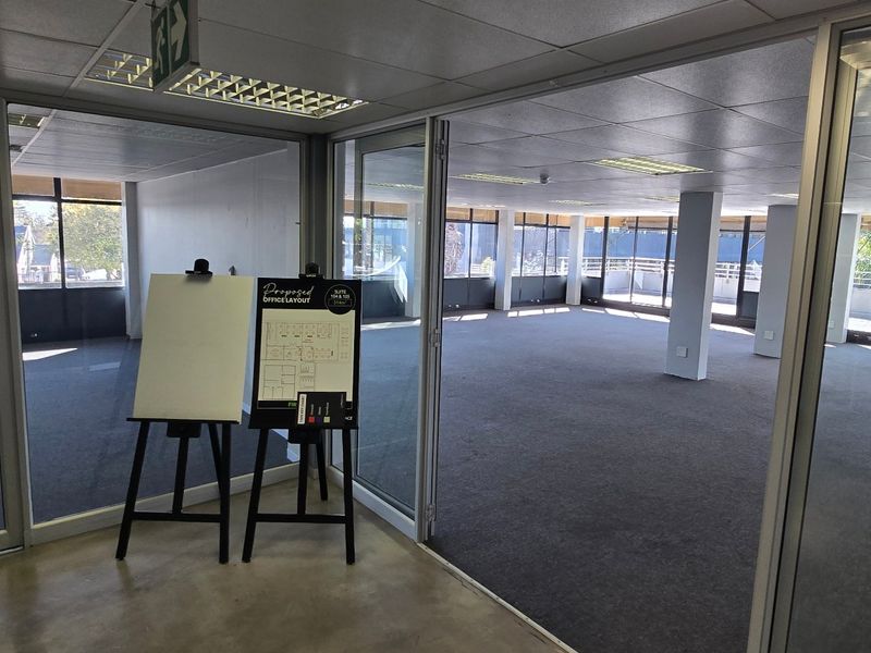 Spacious open-plan commercial office suite featuring glass partitioning, carpeted flooring, and large windows providing ample natural light.
