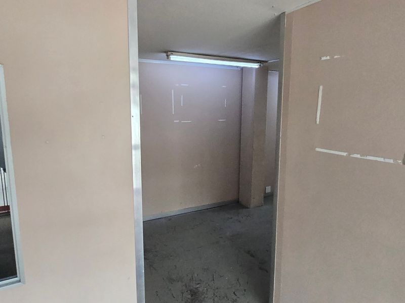 A vacant industrial hallway featuring a metal door frame, internal window, and fluorescent lighting, showing signs of wear on the walls and floor.