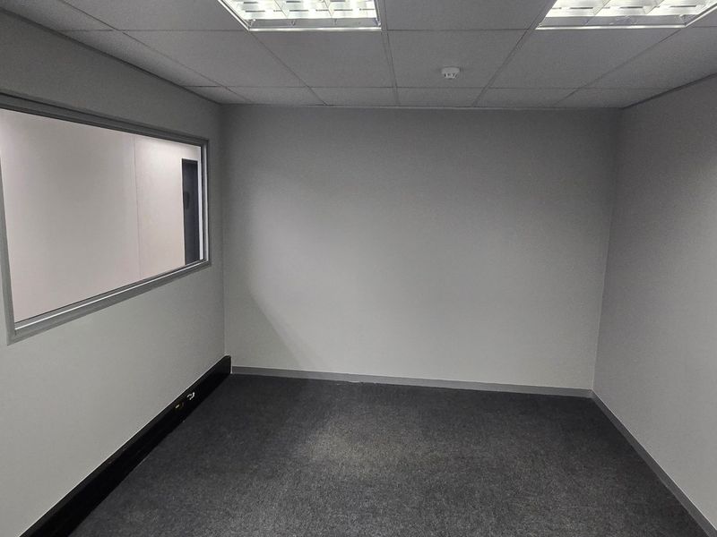 A clean, empty office space featuring neutral walls, carpeted flooring, a suspended ceiling with recessed lighting, and an internal window.