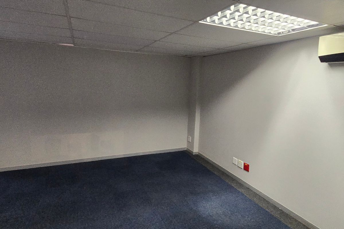 A clean, empty commercial office space featuring blue carpeting, a suspended ceiling with recessed lighting, and a wall-mounted air conditioning unit.