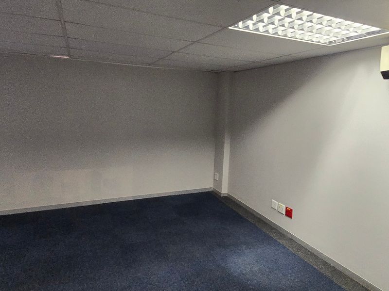 A clean, empty commercial office space featuring blue carpeting, a suspended ceiling with recessed lighting, and a wall-mounted air conditioning unit.