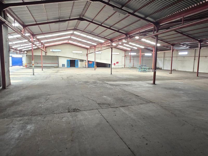 Expansive industrial warehouse space featuring a steel portal frame structure, corrugated metal roofing, and durable concrete flooring, suitable for various storage or manufacturing operations.