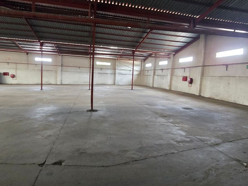 Spacious industrial warehouse featuring high ceilings with exposed steel trusses, concrete flooring, and integrated fire safety equipment.