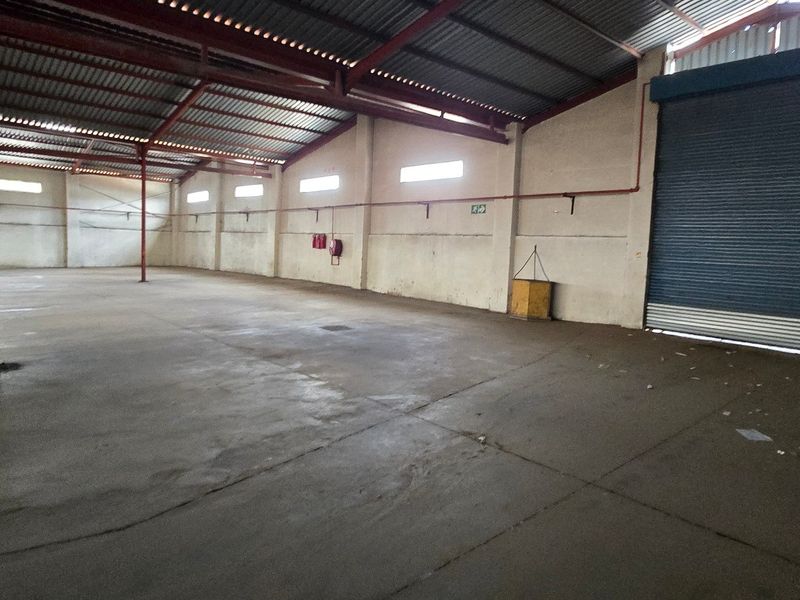 Spacious industrial warehouse featuring high ceilings, concrete flooring, and a large roller shutter door for easy access.