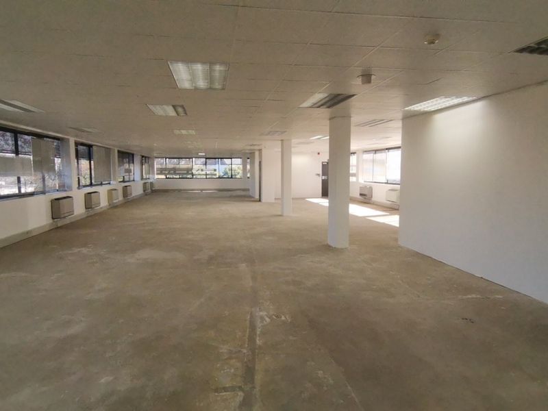 Spacious open-plan commercial office area featuring large windows, structural columns, suspended ceilings with recessed lighting, and integrated HVAC units.