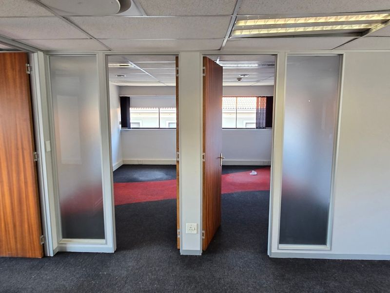Empty commercial office space featuring suspended ceilings, recessed lighting, and frosted glass partitions with wooden doors, suitable for a professional workspace.