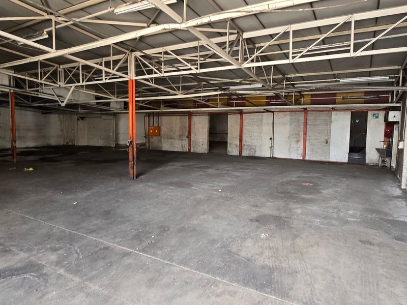 Spacious industrial warehouse area featuring exposed steel roof trusses, concrete flooring, and functional lighting, suitable for storage or manufacturing operations.