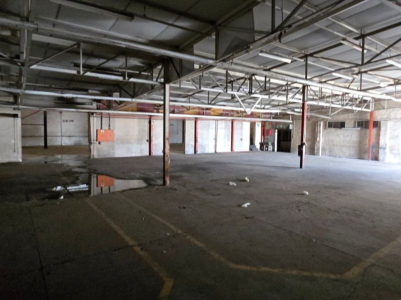 Large industrial warehouse space featuring exposed steel roof trusses, concrete flooring, and open-plan layout suitable for storage or manufacturing operations.