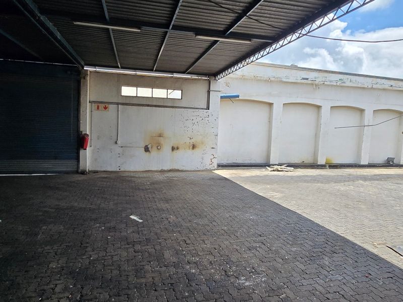 Industrial yard area featuring a large covered canopy, roller shutter door access, and paved flooring, suitable for logistics or storage operations.