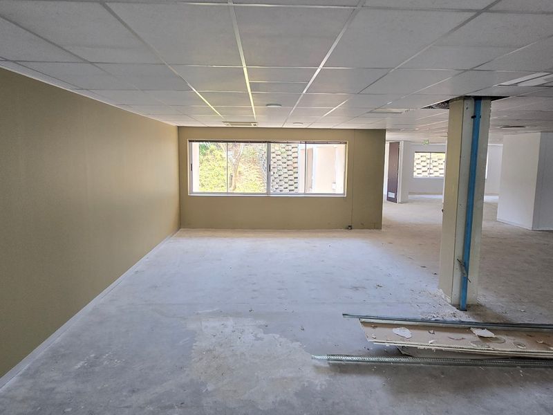 Expansive open-plan commercial office space featuring a suspended ceiling, structural columns, and large windows, currently in a shell condition ready for fit-out.