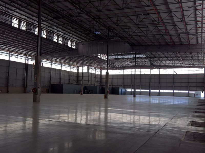 Expansive industrial warehouse space featuring polished concrete flooring, high-clearance steel truss ceilings, integrated fire sprinkler systems, and multiple roller shutter access points.