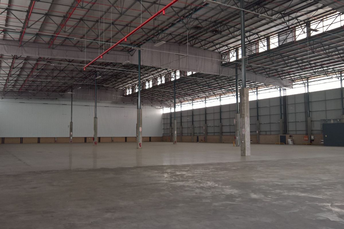 Spacious industrial warehouse featuring high ceilings, exposed steel trusses, concrete flooring, and integrated fire sprinkler systems, suitable for logistics or manufacturing operations.