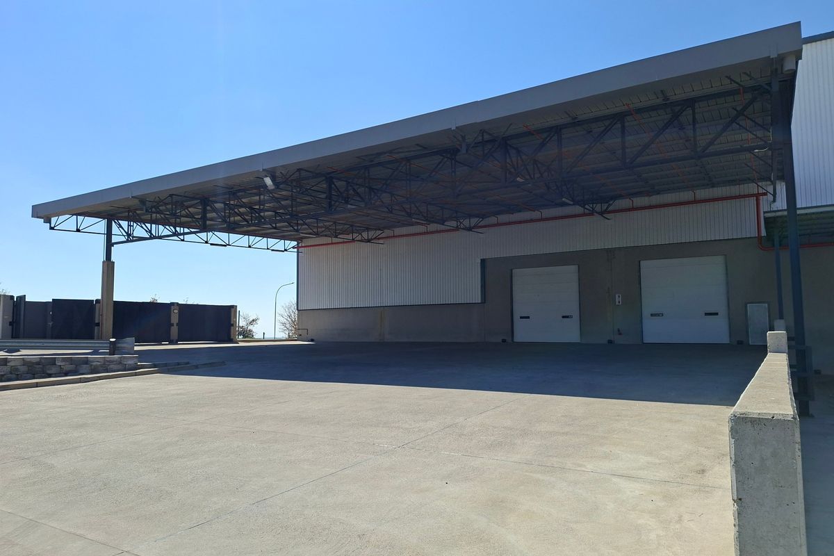 Industrial loading area featuring a large steel canopy, concrete apron, and two secure roller shutter doors for efficient logistics and vehicle access.