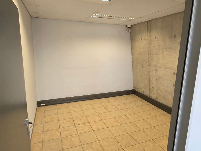 A clean, empty office space featuring a modern exposed concrete feature wall, tiled flooring, and a suspended ceiling with integrated lighting.