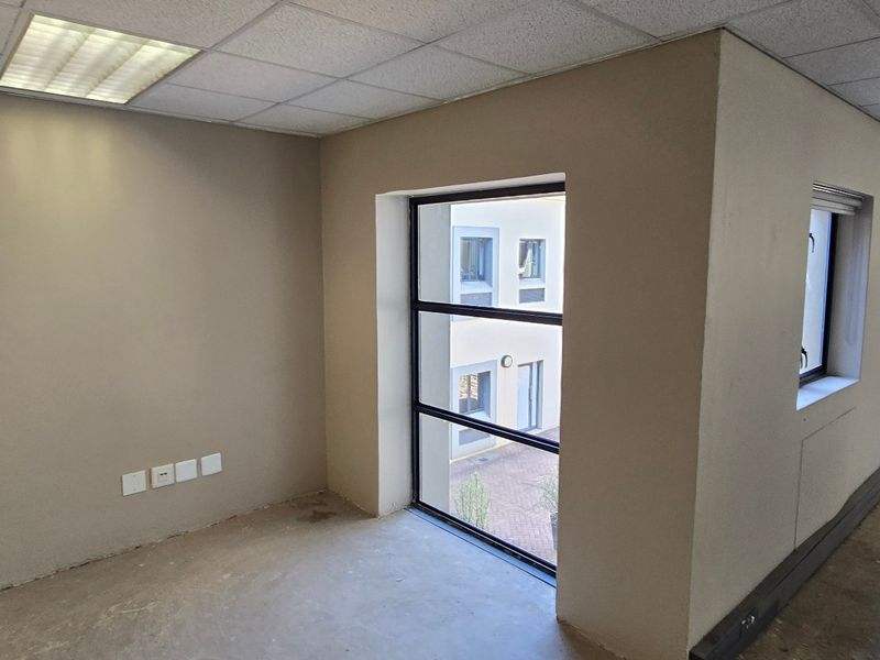 An empty commercial office space featuring a suspended ceiling, recessed lighting, and large windows overlooking an internal courtyard.