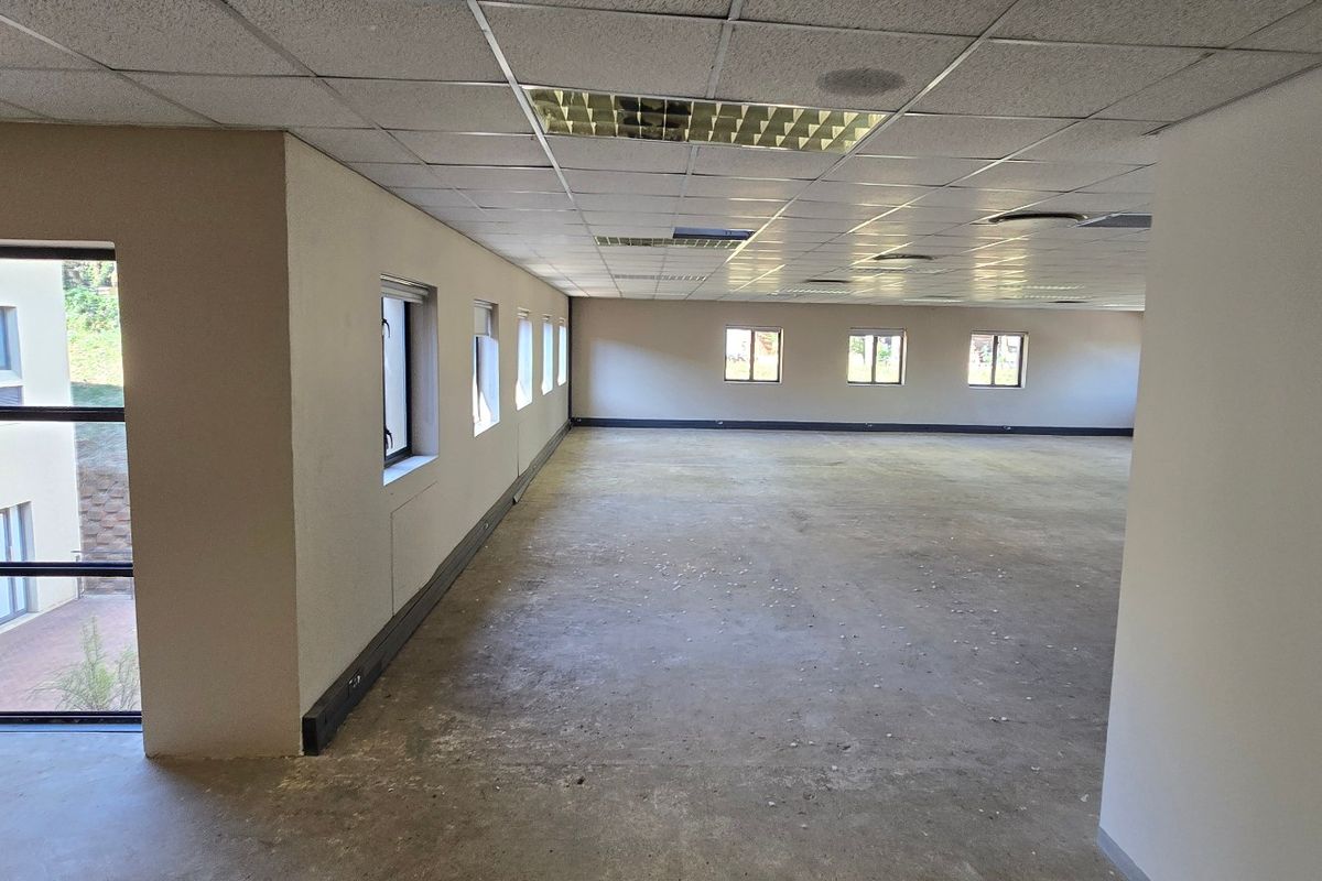 A large, open-plan commercial office space featuring a suspended ceiling, recessed lighting, and multiple windows providing natural light.