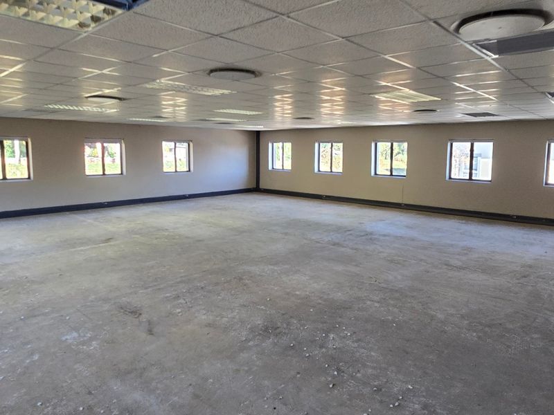 A large, open-plan commercial office space featuring a suspended ceiling, recessed lighting, and multiple windows, currently presented as a blank canvas.