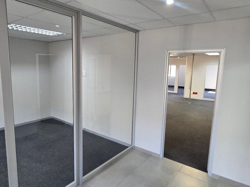 A clean, vacant commercial office space featuring glass partitions, suspended ceilings with recessed lighting, and a combination of carpet and tiled flooring.