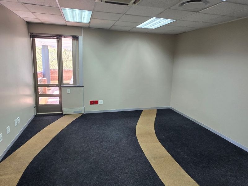 A vacant commercial office space featuring a suspended ceiling, recessed lighting, and patterned carpet flooring with access to an outdoor area.
