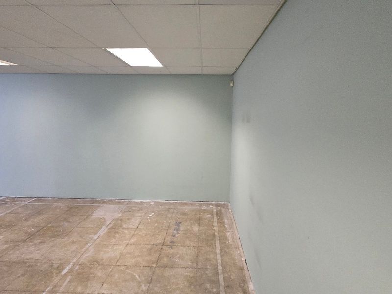 An empty commercial office space featuring a suspended ceiling with recessed lighting and unfinished concrete flooring, ready for custom fit-out.