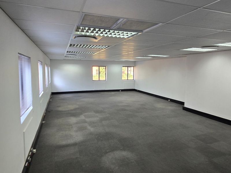 A spacious, empty commercial office area featuring a suspended ceiling with recessed lighting, carpeted flooring, and large windows with fitted venetian blinds.