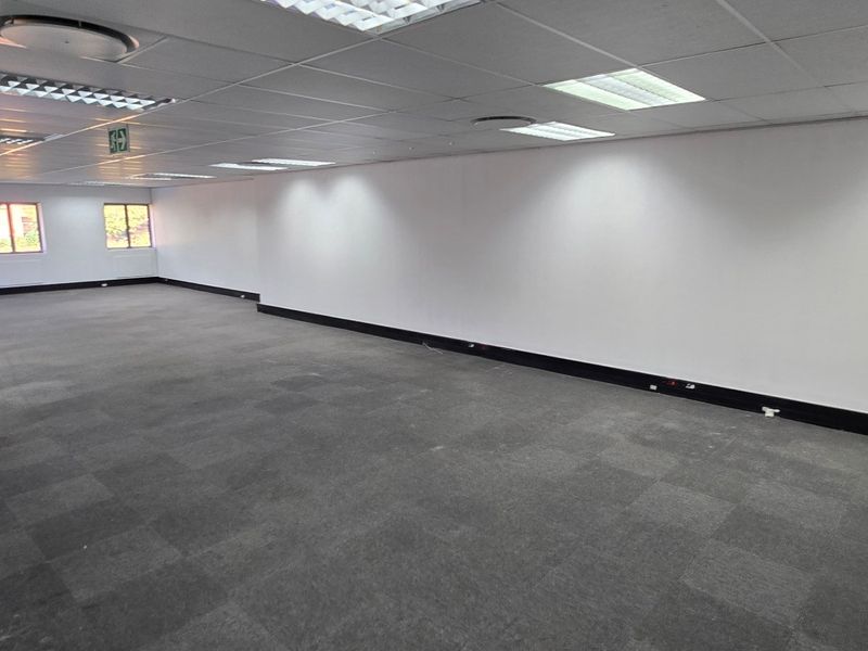 A spacious, open-plan commercial office area featuring neutral carpet tiles, a suspended ceiling with recessed lighting, and large windows providing natural light.