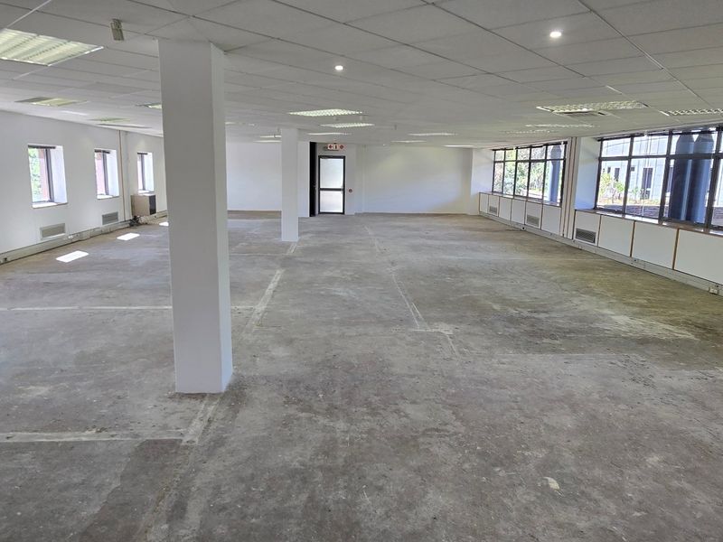 A large, open-plan commercial office space featuring a suspended ceiling, structural columns, and expansive windows providing ample natural light.