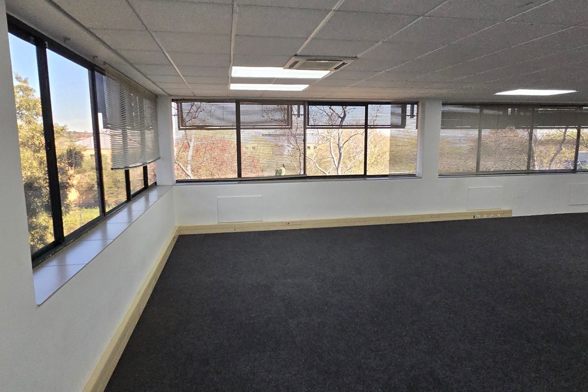 A spacious, empty commercial office area featuring large windows, carpeted flooring, and a suspended ceiling with recessed lighting.