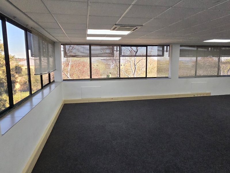 A spacious, empty commercial office area featuring large windows, carpeted flooring, and a suspended ceiling with recessed lighting.