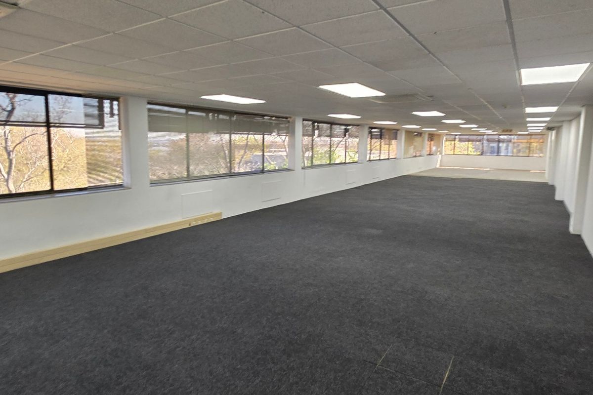 A spacious, open-plan commercial office area featuring large windows, carpeted flooring, and a suspended ceiling with recessed lighting.