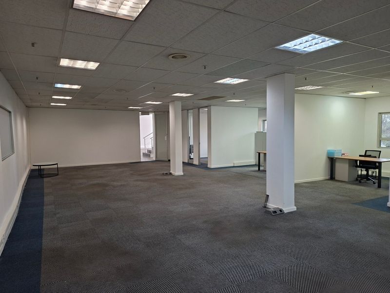Spacious open-plan office area featuring suspended ceilings, recessed lighting, and carpeted flooring with structural columns and internal glass partitions.
