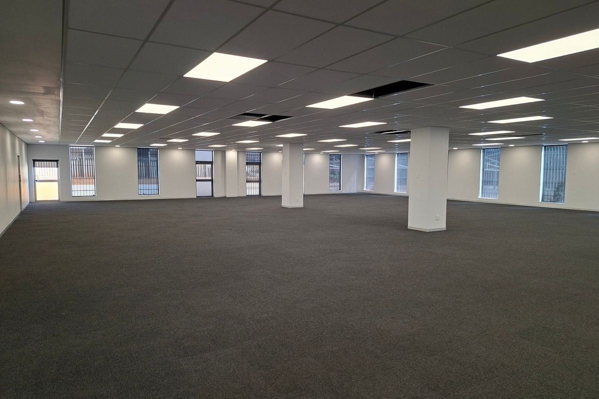 A large, open-plan commercial office space featuring carpeted flooring, a suspended ceiling with recessed lighting, and multiple windows with security bars.