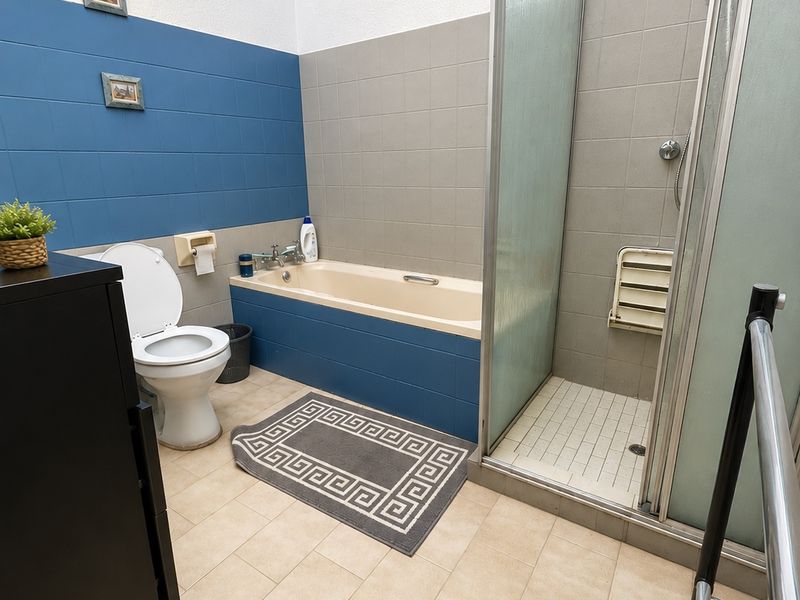 A functional bathroom featuring a bathtub, separate shower enclosure, and toilet with neutral and blue tiled wall finishes.
