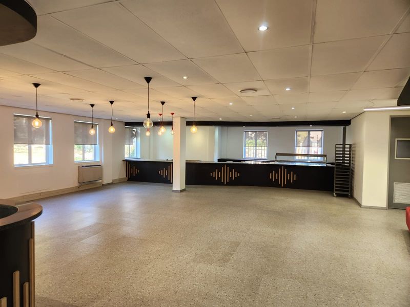 Spacious open-plan commercial area featuring terrazzo flooring, a built-in service counter, suspended ceiling with integrated lighting, and large windows for natural light.