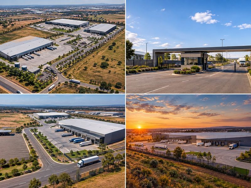 Aerial view of a modern industrial warehouse park featuring multiple large-scale logistics facilities, secure gated access, and extensive paved loading areas.