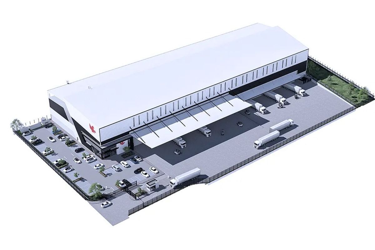 An aerial 3D render of an industrial warehouse facility featuring multiple loading docks, a large canopy, secure perimeter fencing, and a paved yard.