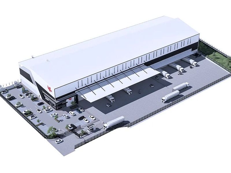 An aerial 3D render of an industrial warehouse facility featuring multiple loading docks, a large canopy, secure perimeter fencing, and a paved yard.