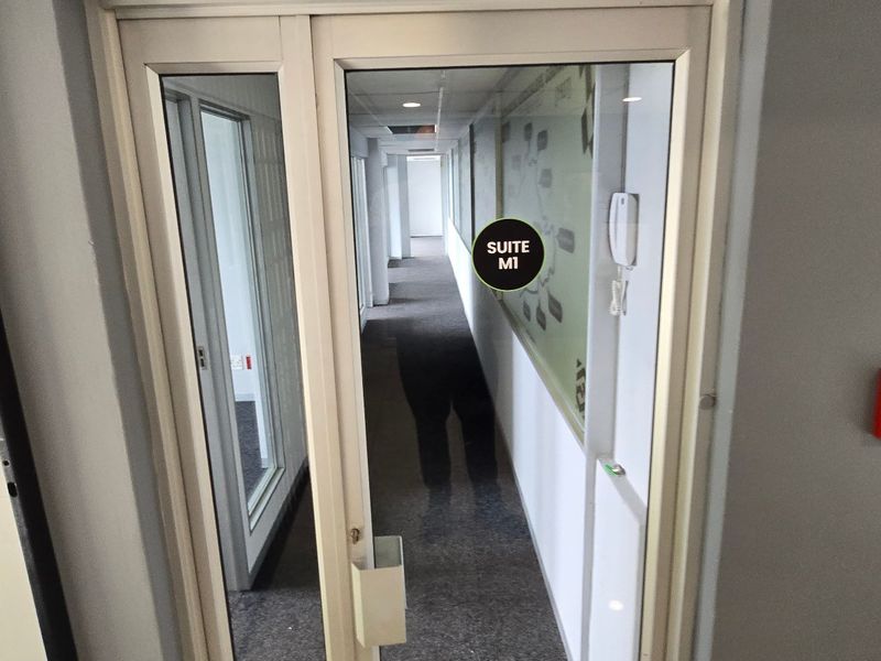 A commercial hallway entrance leading to Suite M1, featuring glass panel doors, carpeted flooring, and integrated fire safety equipment.