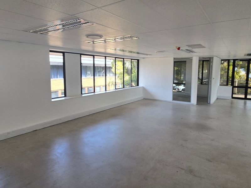 Spacious, open-plan commercial office area featuring large windows, suspended ceilings with recessed lighting, and polished concrete flooring, offering a versatile workspace.