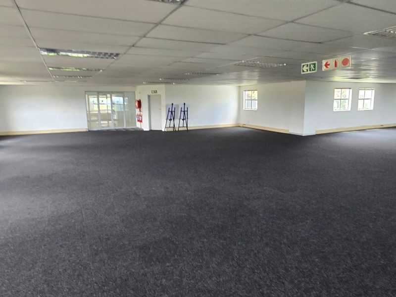 A spacious, open-plan commercial office area featuring neutral walls, carpeted flooring, and a suspended ceiling with integrated lighting.
