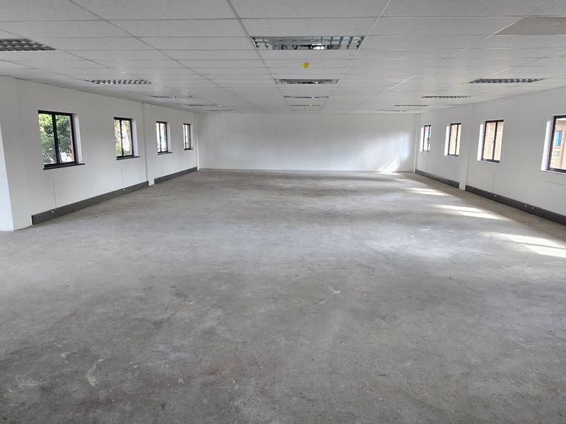 A large, vacant open-plan commercial office space featuring a suspended ceiling, recessed lighting, and concrete flooring, ready for custom fit-out.