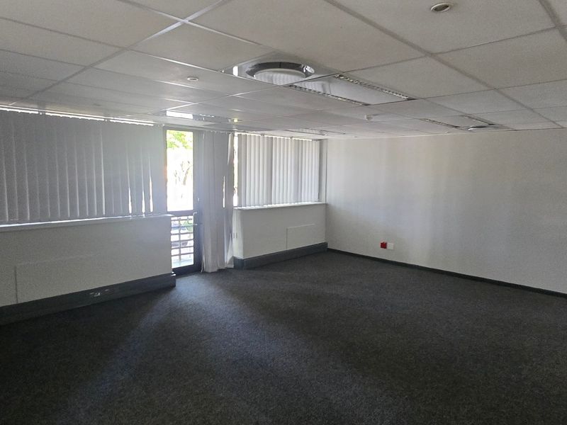 An empty commercial office space featuring a suspended ceiling, recessed lighting, carpeted flooring, and large windows with vertical blinds.