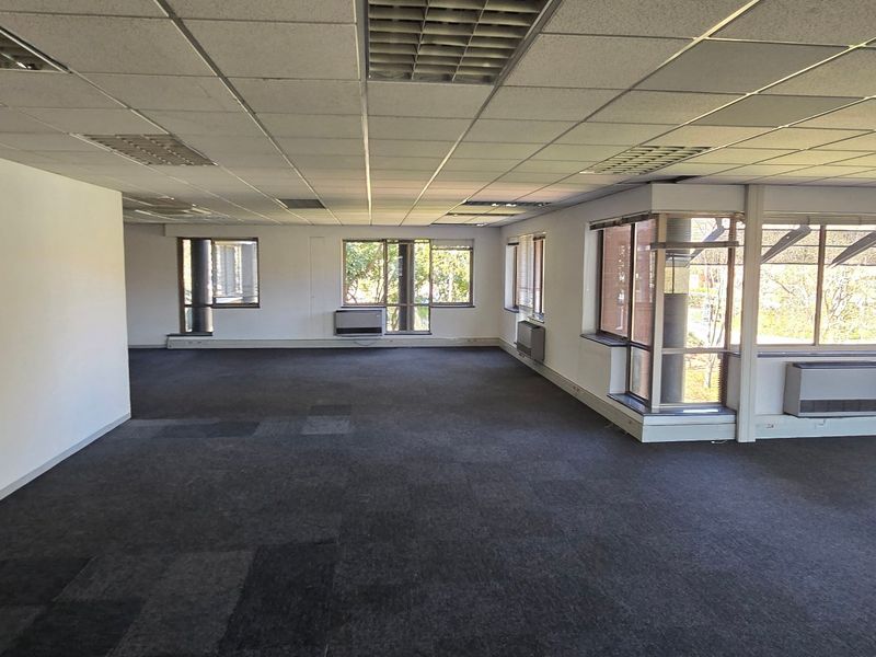 Spacious open-plan office area featuring large windows, suspended ceilings with recessed lighting, and carpeted flooring, offering a versatile workspace for commercial use.