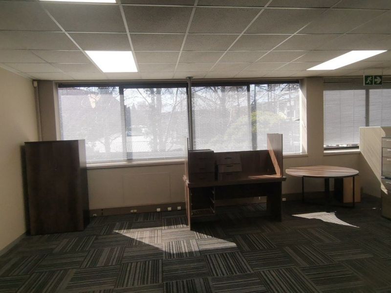 A functional commercial office space featuring carpet tiles, suspended ceilings with recessed lighting, and large windows with venetian blinds.