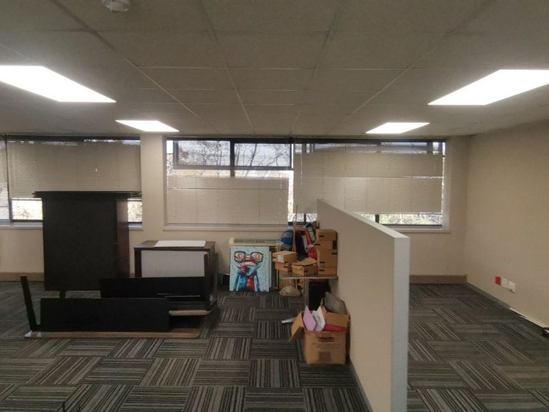 Open plan office space featuring suspended ceilings, recessed lighting, carpet tiles, and a partition wall with large windows and horizontal blinds.