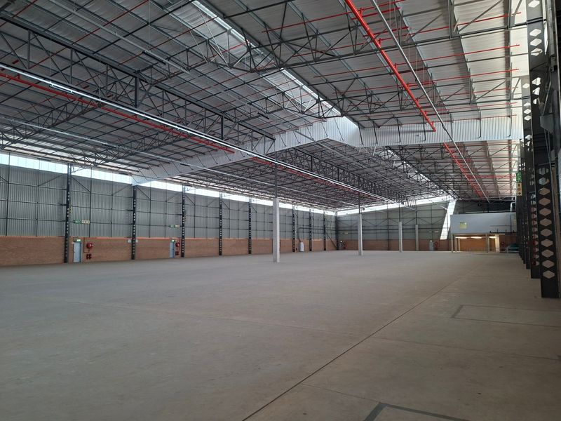 A spacious, open-plan industrial warehouse featuring high ceilings with exposed steel trusses, a sprinkler system, and durable concrete flooring.