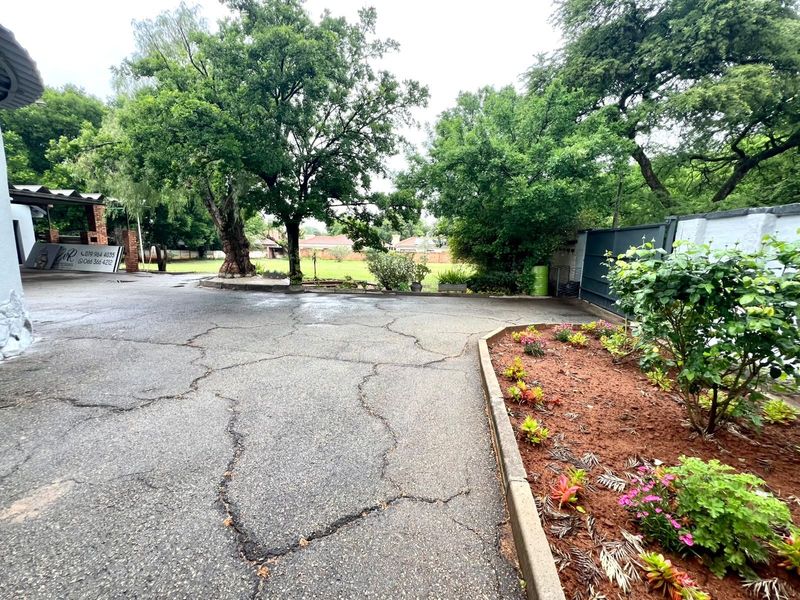 Exterior view of a commercial property driveway featuring extensive asphalt cracking, concrete curbing, and perimeter walling with mature trees.