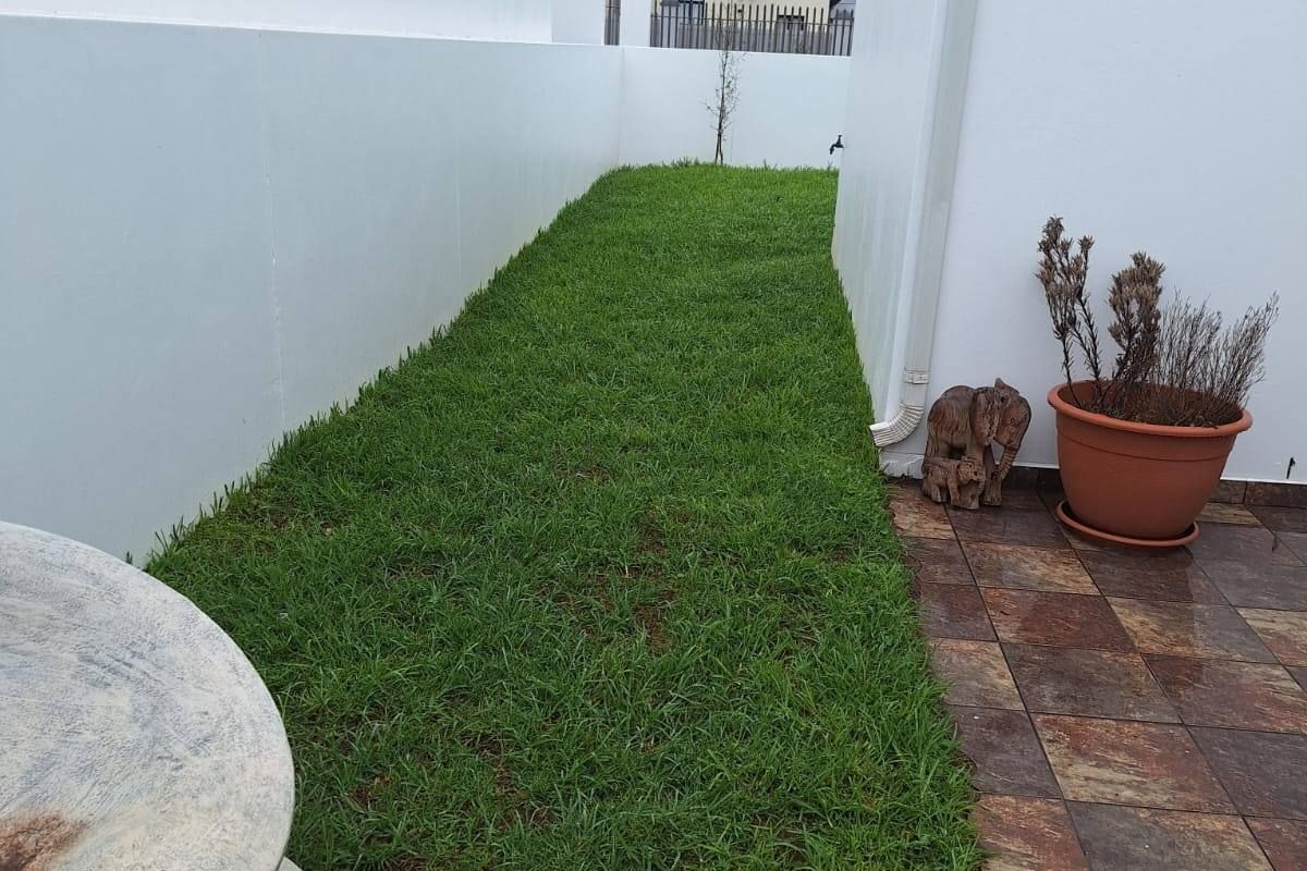 A side garden area featuring a tiled patio, a well-maintained lawn, and high boundary walls for privacy.