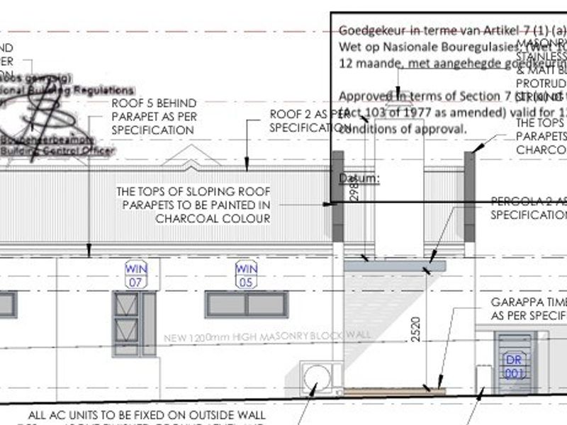Architectural elevation drawing detailing roof parapets, timber decking, and external wall specifications for the property.