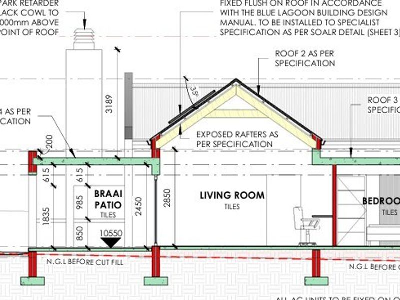 Architectural section drawing detailing the structural layout, roof design, and floor levels for the living room, bedroom, and patio areas.